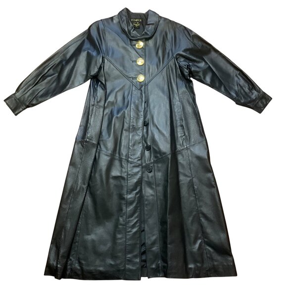 Womens Black Leather Long Trench Coat Gold Button NOS Goth Matrix Steampunk - Picture 10 of 12